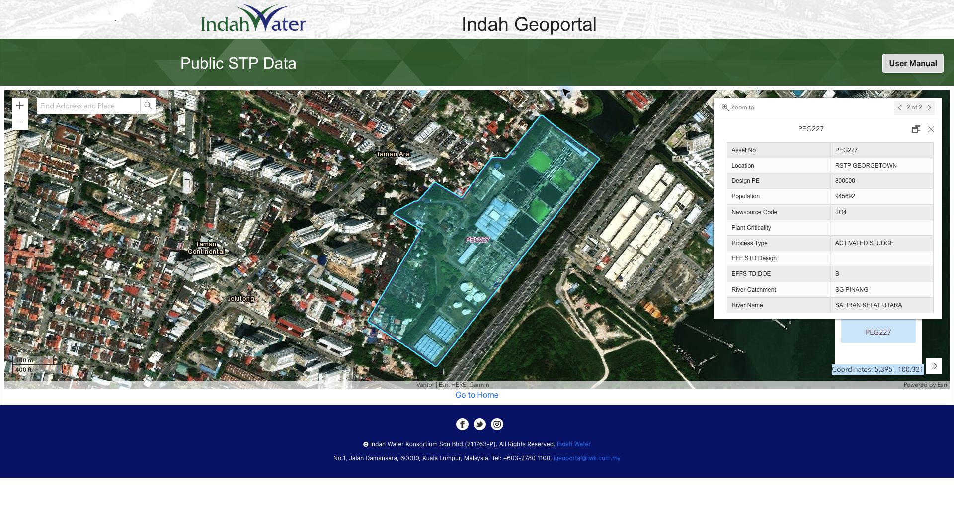 IWK Indah Geoportal view of the selected PEG227 site outline and its attribute popup over an aerial map.